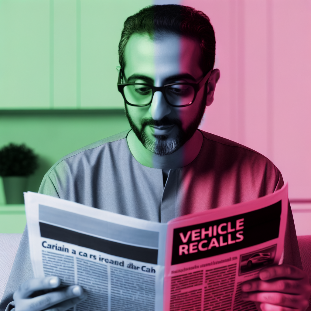 An automotive owner reading a newspaper that has a headline about the recent GM and Ford vehicle recalls.