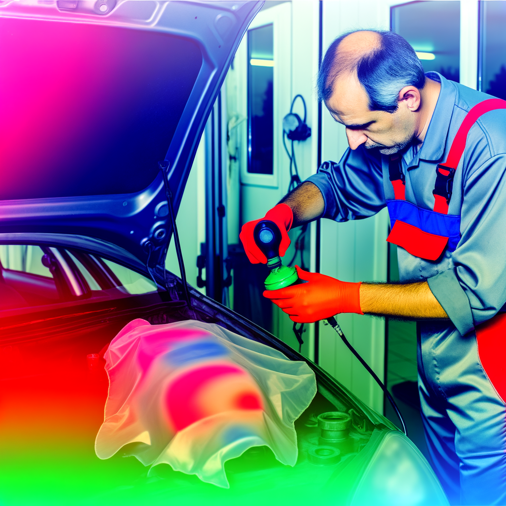 An image of an auto body technician in a shop doing an inspection prior to the fall and winter months on a customer\'s vehicle. Please make the technician of Caucasian decent.