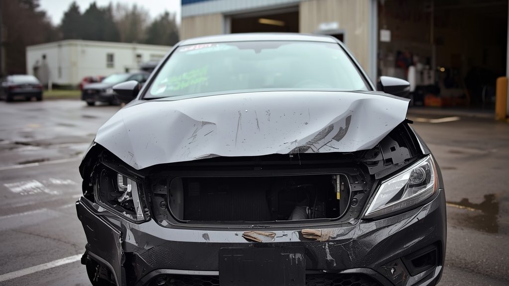 A damaged vehicle being evaluated for total loss at a Salem Oregon body shop.