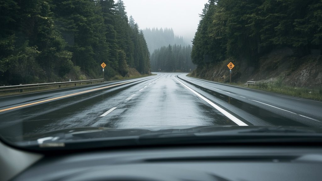 Driving conditions on a wet Oregon highway where ADAS safety systems matter most.