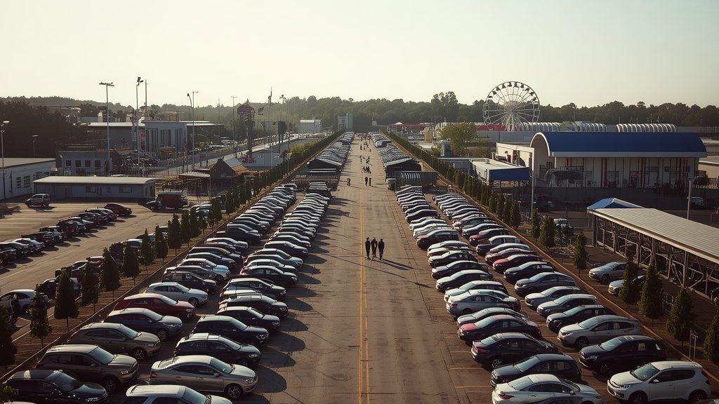 Crowded parking lot at the Oregon State Fairgrounds in Salem on a summer day.