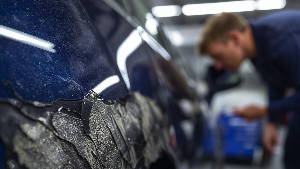 Collision repair technician at Dabler Auto Body in Salem Oregon examining paint surface damage caused by environmental exposure.