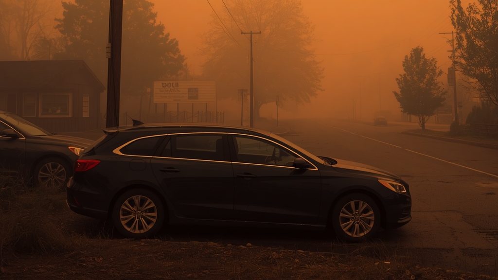 Car parked in Salem Oregon with orange wildfire smoke haze visible in the sky above the Willamette Valley.