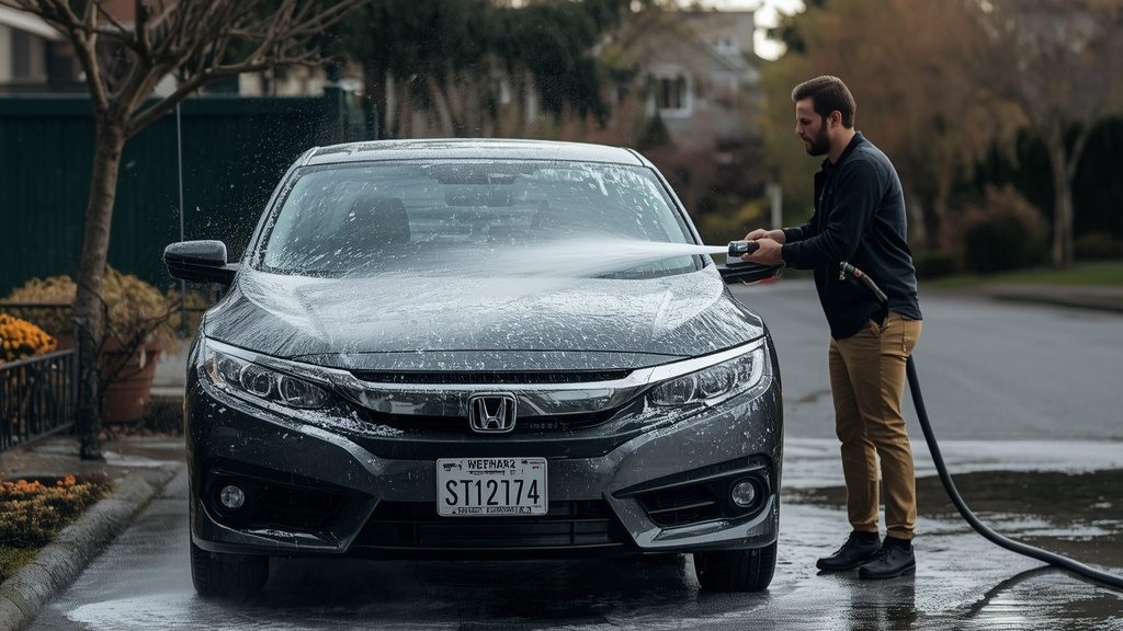 Salem Oregon resident carefully rinsing wildfire ash off their car with a garden hose in a residential driveway.