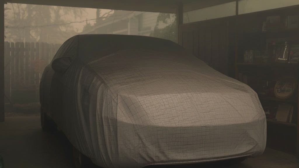Car protected under a cover in a Salem Oregon garage during wildfire smoke season in the Willamette Valley.