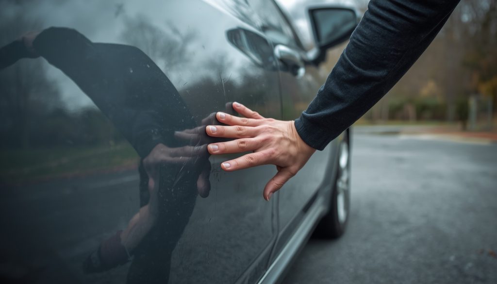 A Salem driver checking their car's paint for water spots and dull patches in fall.