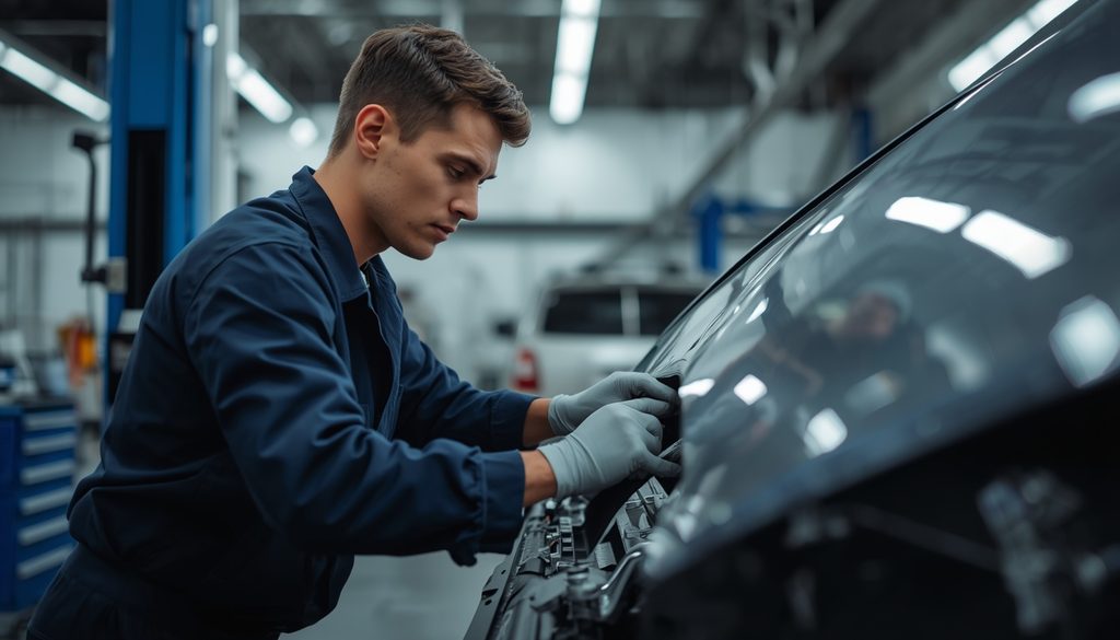 A certified technician repairing a vehicle at an auto body shop in Salem Oregon.