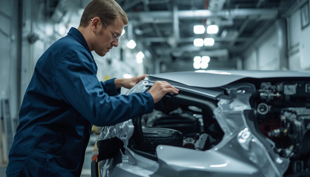 A technician inspecting an aluminum panel at an auto body shop in Salem Oregon.